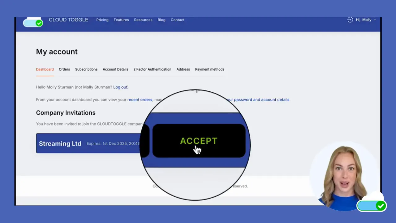 My account page showing a magnified ACCEPT button for a company invitation