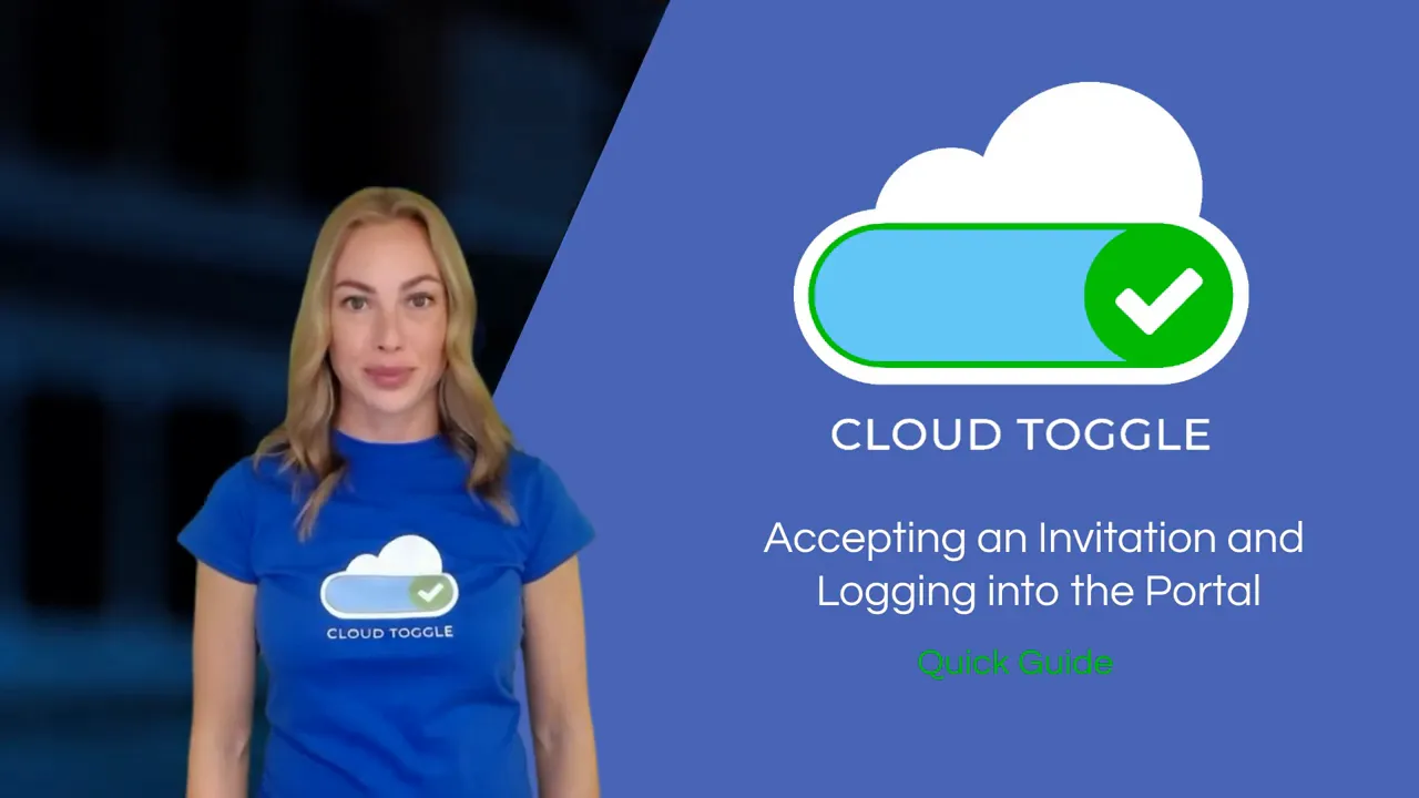 Cloud Toggle title slide with presenter and logo: Accepting an Invitation and Logging into the Portal