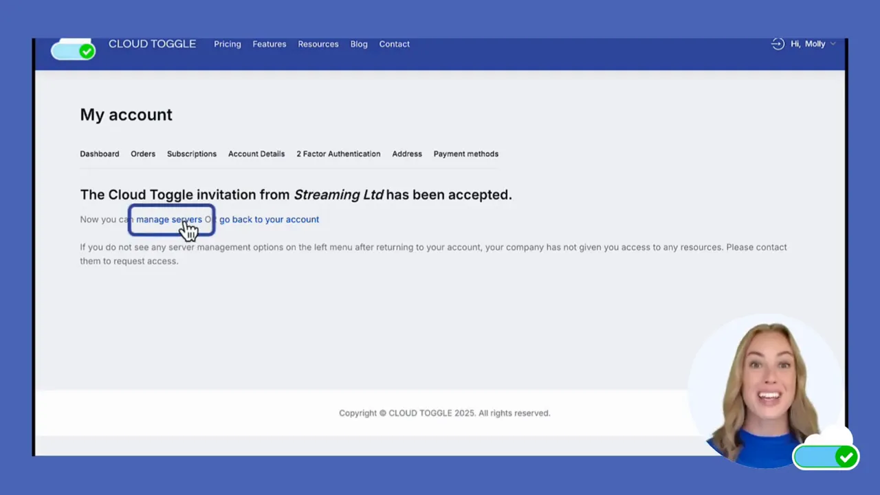 Confirmation screen showing the Cloud Toggle invitation from Streaming Ltd has been accepted