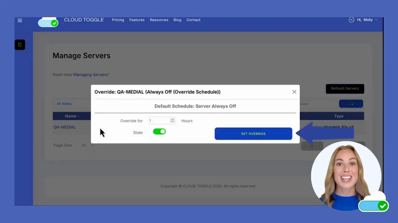 Override dialog on Cloud Toggle showing hours field, state switch turned on, and the 'Set Override' button.