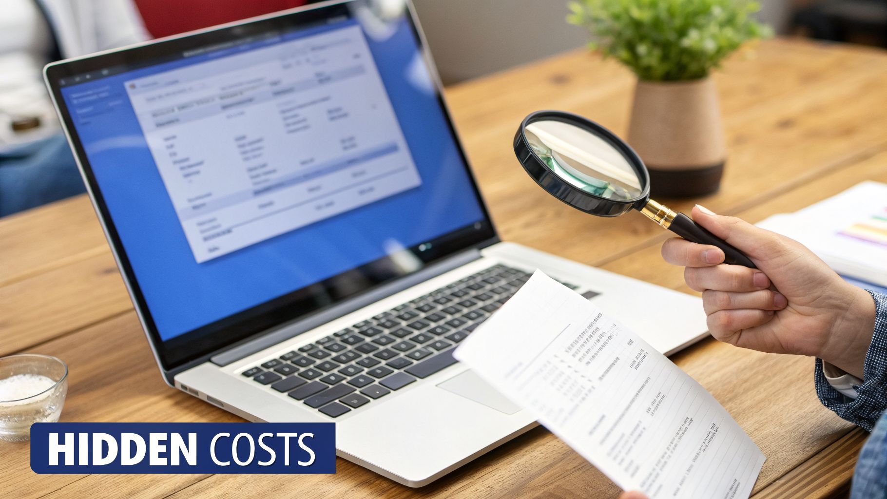 A person uses a magnifying glass to review a document next to a laptop displaying financial data, emphasizing hidden costs.
