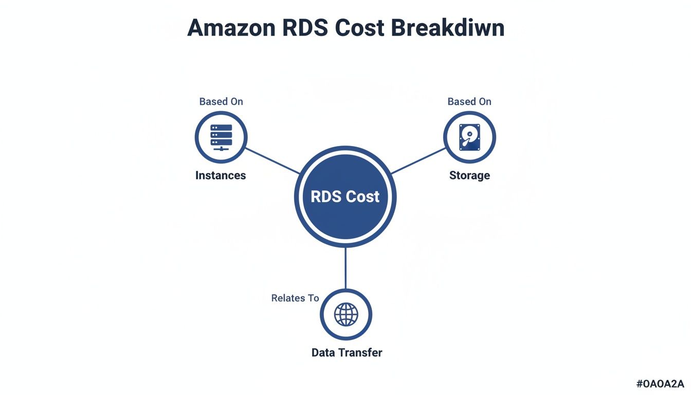 Diagram illustrating Amazon RDS cost breakdown, detailing factors like instances, storage, and data transfer.