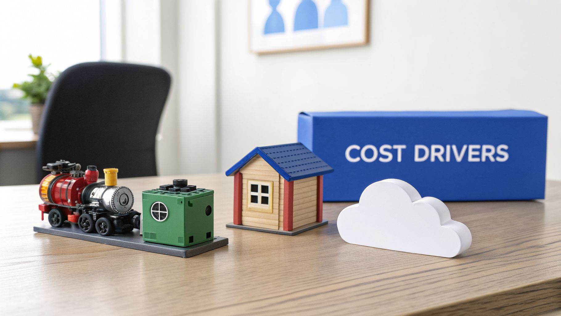 Miniature models of a train, house, and cloud on a desk with a 'COST DRIVERS' box.