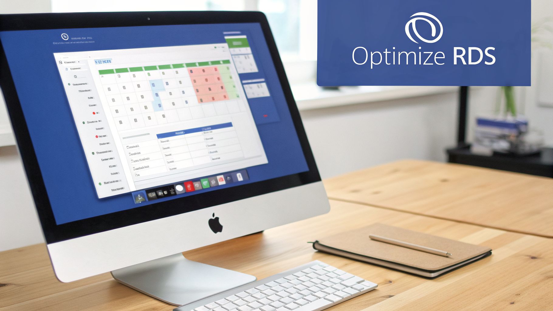 Desktop setup featuring an iMac running scheduling software, a keyboard, notebook, and 'Optimize RDS' branding.