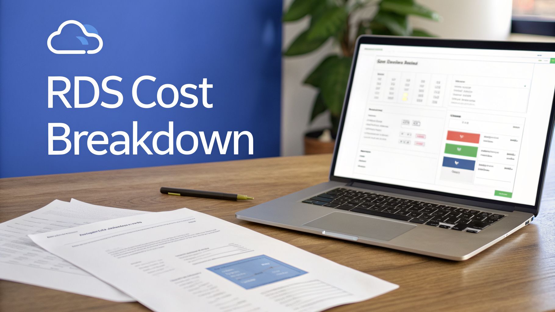 A laptop and documents on a desk with 'RDS Cost Breakdown' text on a blue background, symbolizing cloud service analysis.