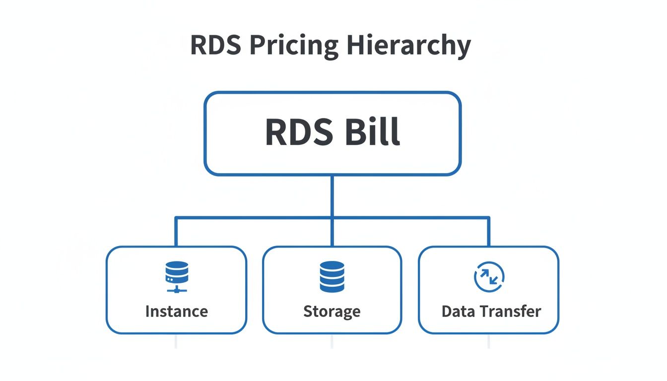 Diagram showing AWS RDS pricing hierarchy, detailing costs for instance, storage, and data transfer.