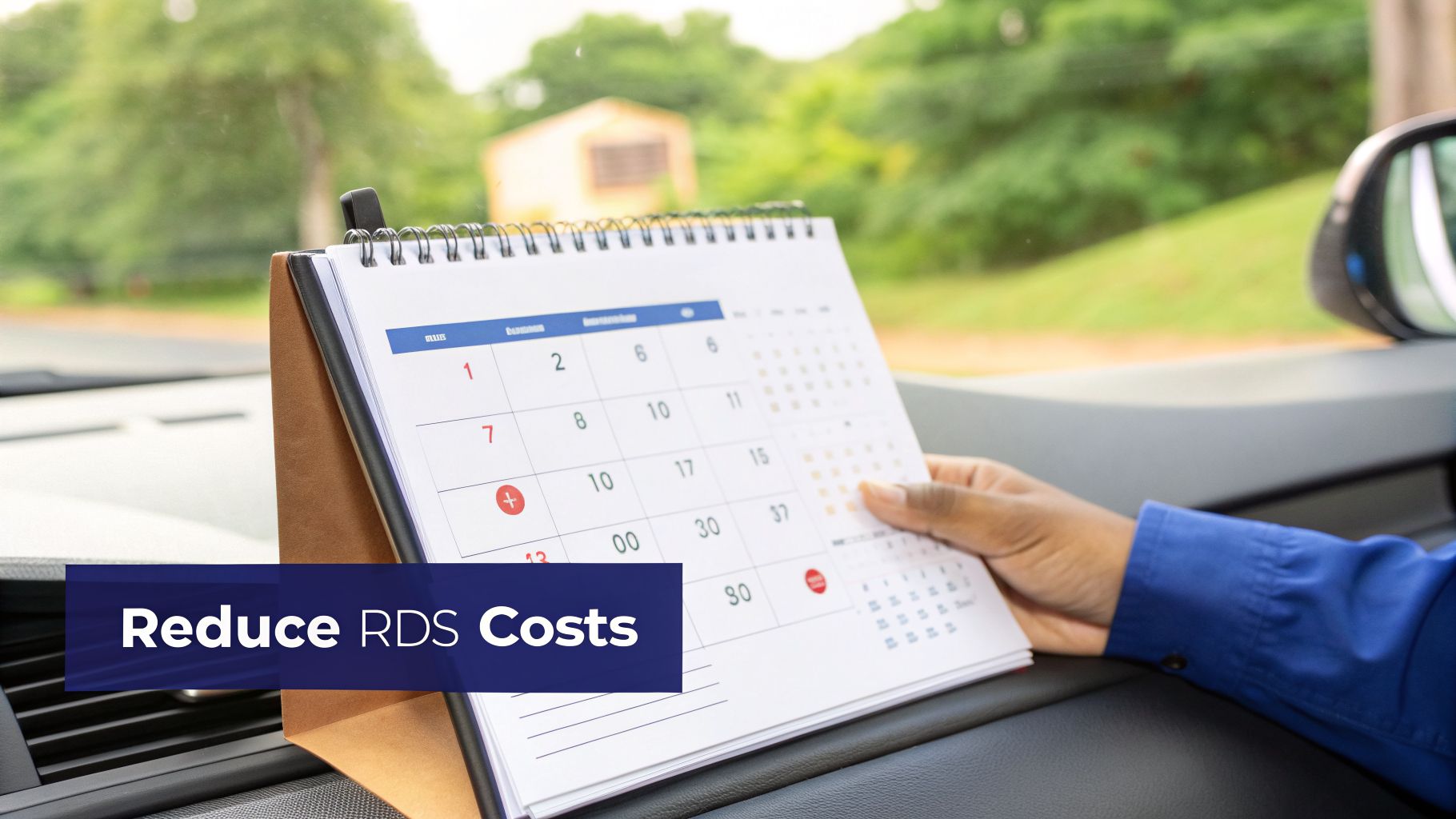 A hand holds a desk calendar inside a car with 'Reduce RDS Costs' text overlay.