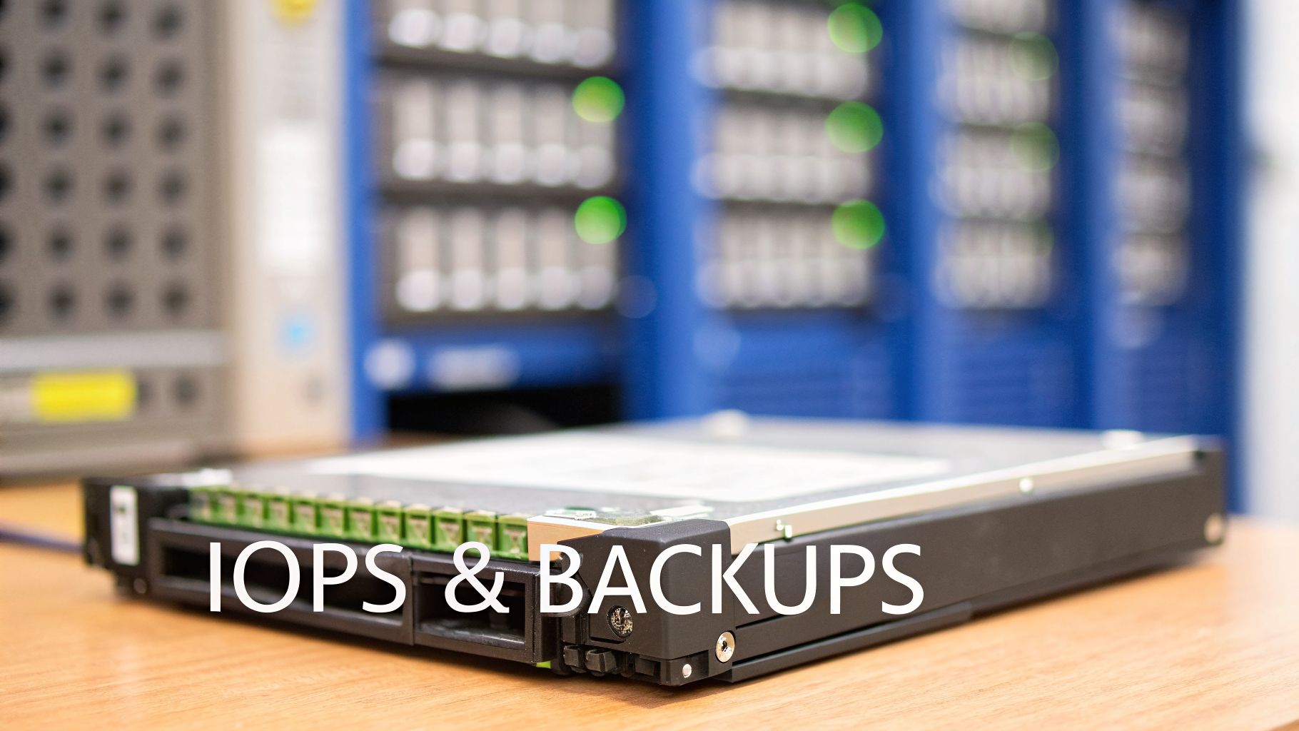 Server hardware on a wooden desk, emphasizing data storage with 'IOPS & BACKUPS' overlay.