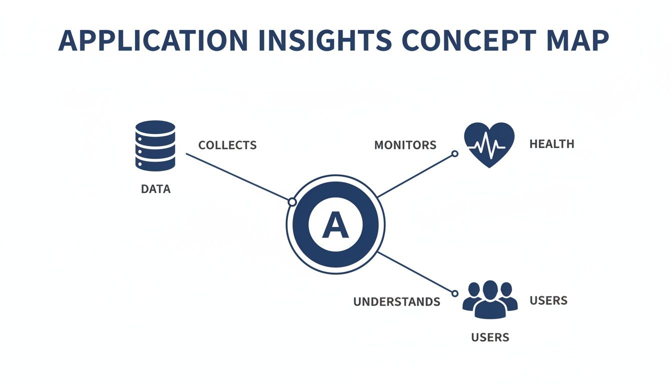 Concept map illustrating Application Insights' core functions: data collection, health monitoring, and user understanding.