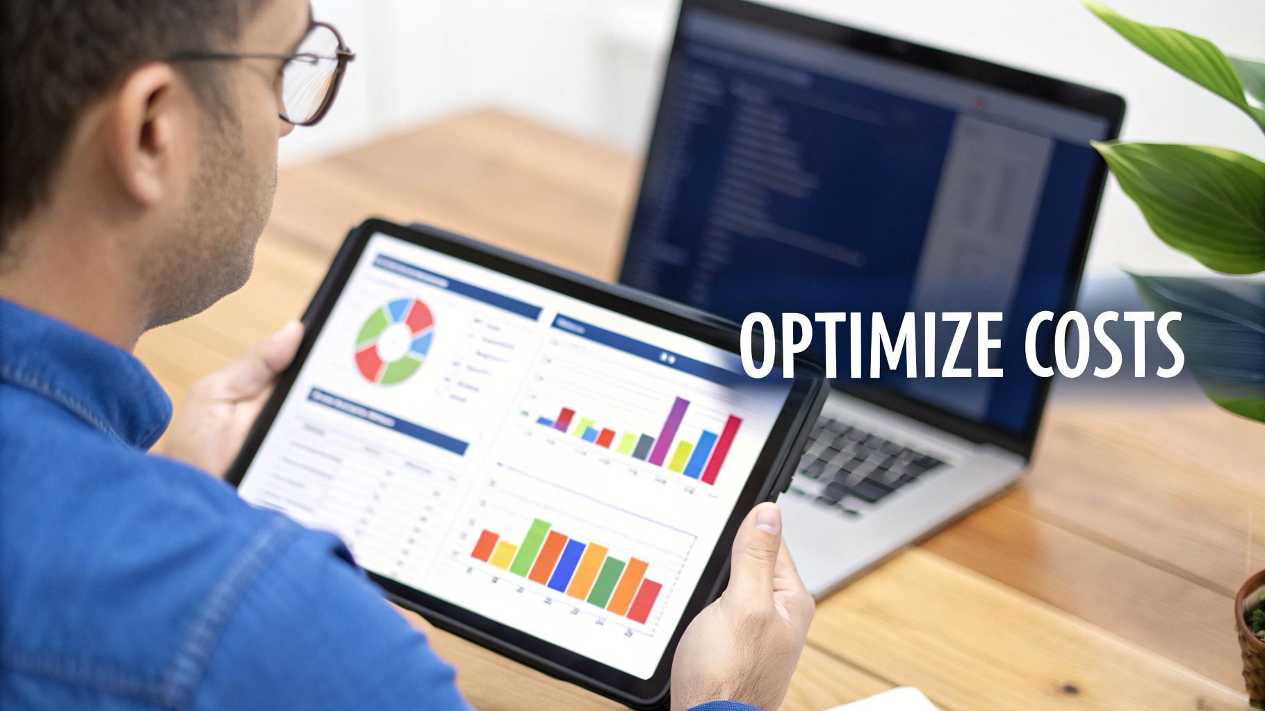 Man in glasses analyzes financial data on a tablet, with a laptop in the background and 'OPTIMIZE COSTS' overlay.