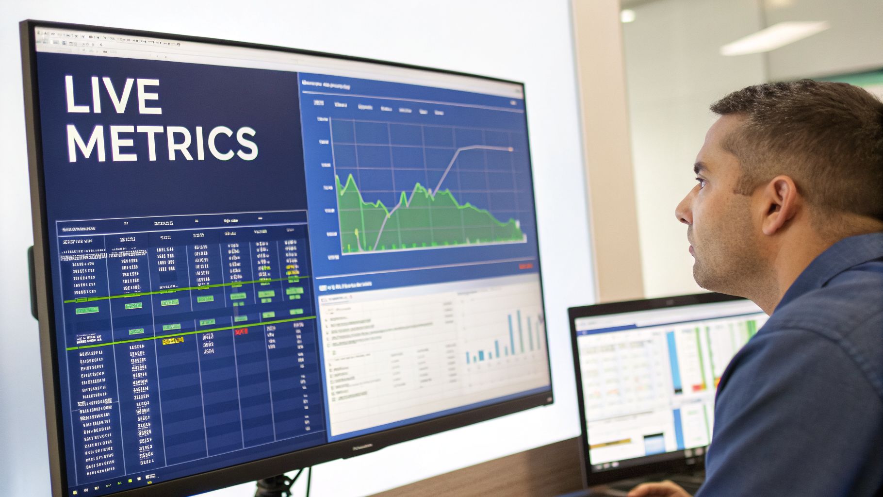 Professional observing live metrics dashboard with graphs and data on two monitors.