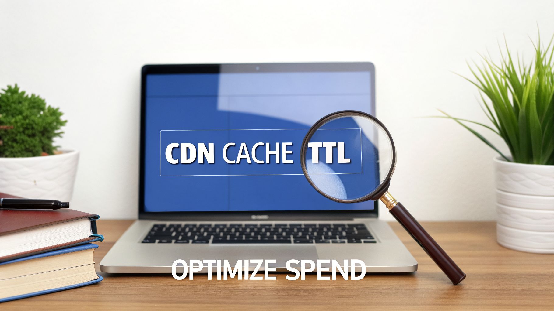 A laptop displaying 'CDN CACHE TTL' with a magnifying glass, emphasizing 'OPTIMIZE SPEND'.