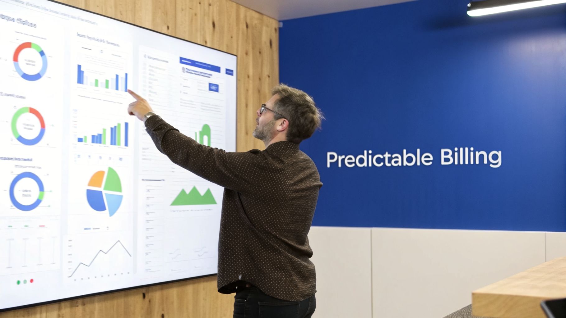 A man points at a large data visualization screen with charts, showcasing "Predictable Billing" on a blue wall.
