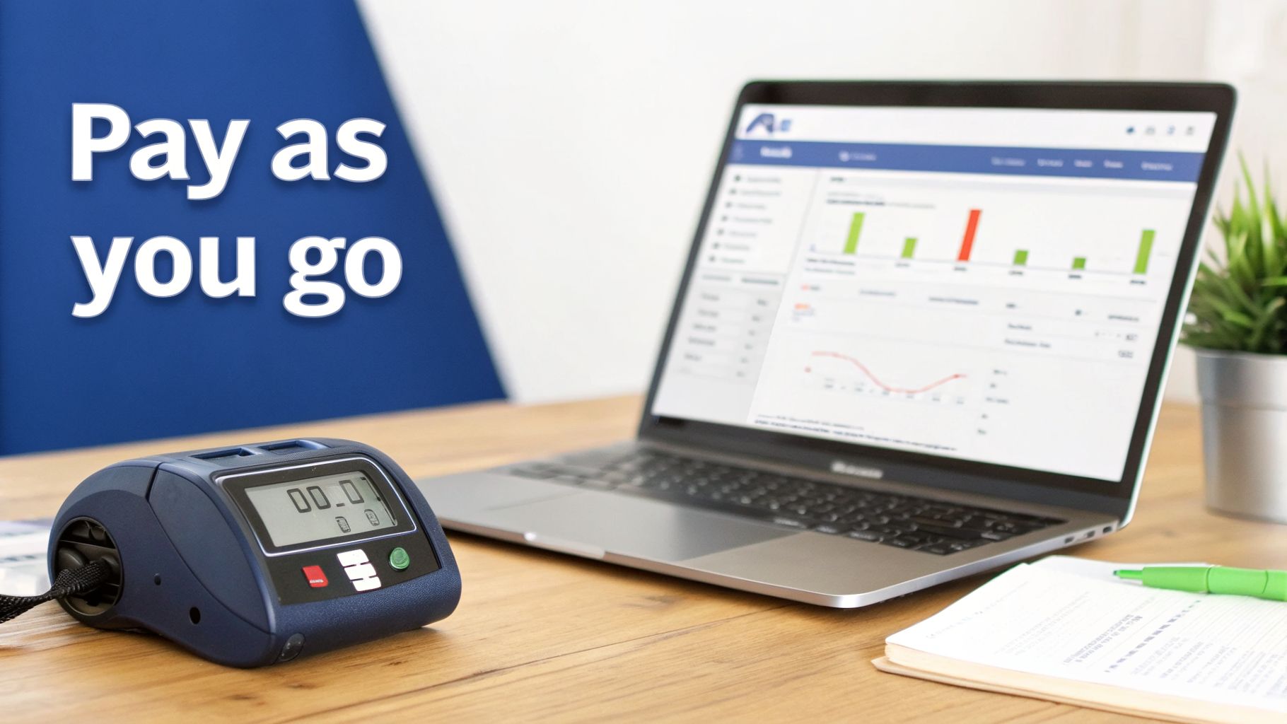 A laptop displays data charts and graphs, next to a digital meter device and a notepad, with 'Pay as you go' text.