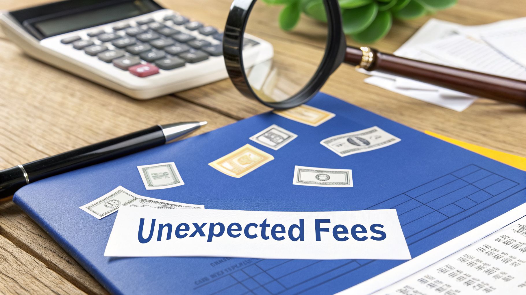 Financial items like a calculator, magnifying glass, and a note "Unexpected Fees" on a wooden desk.