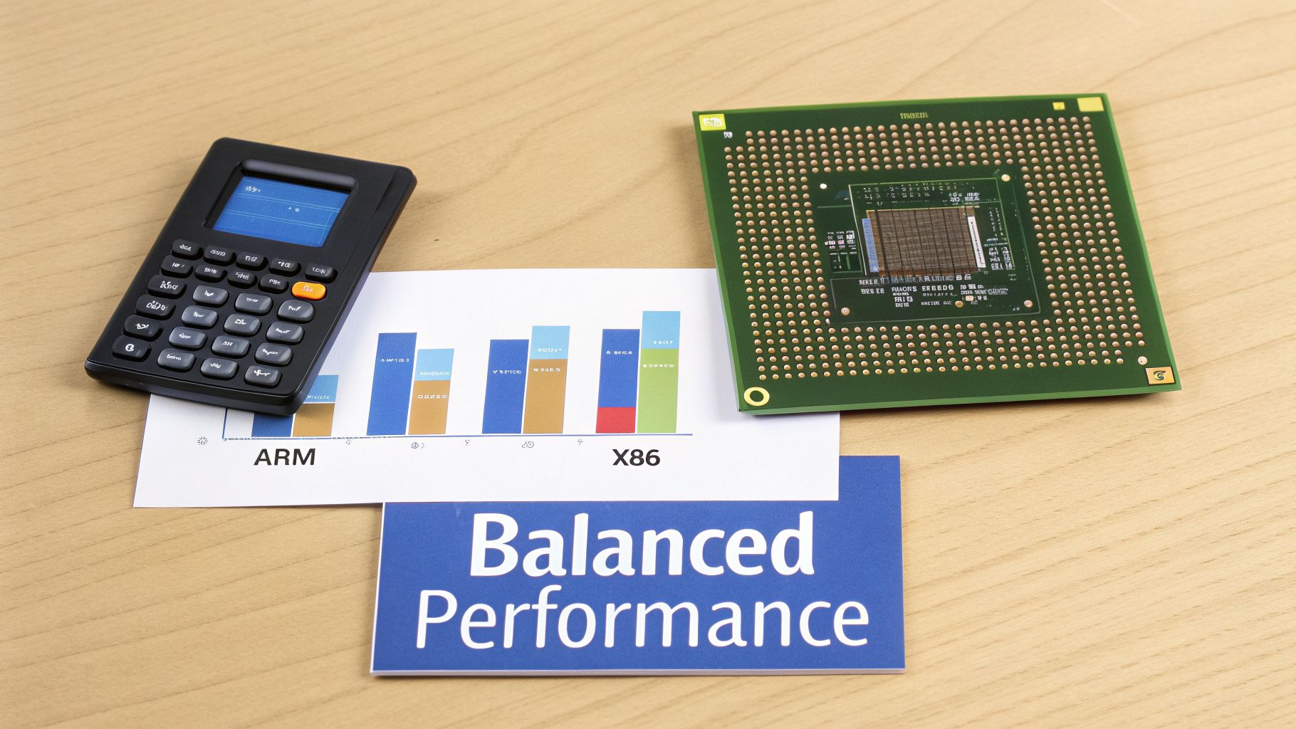 A calculator, a computer chip, and a performance chart comparing ARM and X86 on a desk.