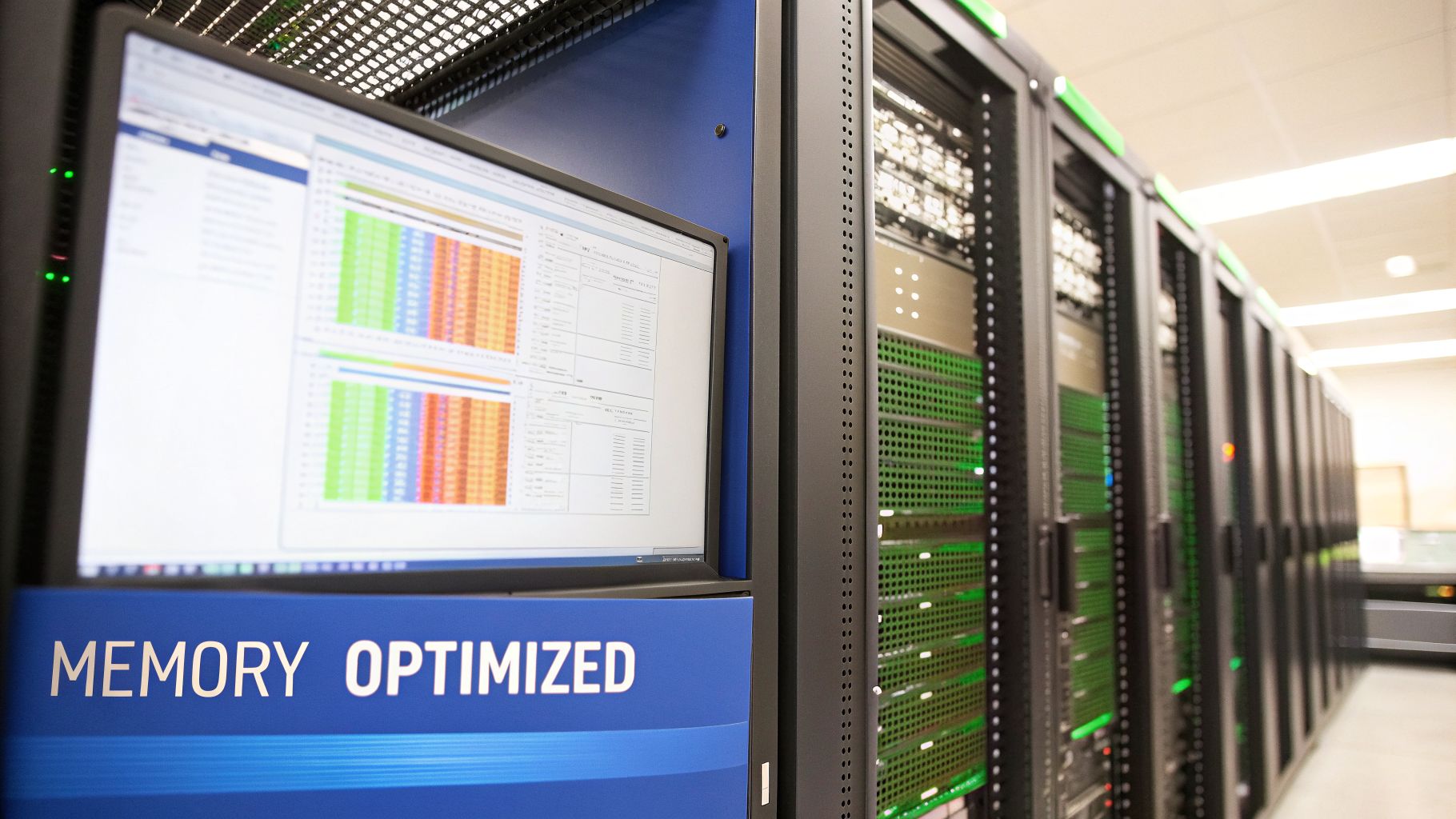 A monitor displaying data stands next to server racks in a modern data center.