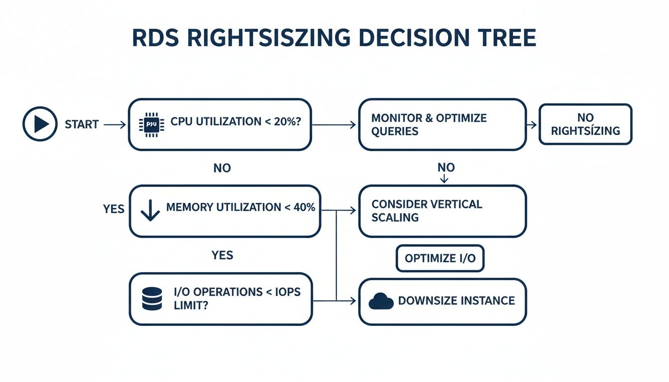 Flowchart detailing the RDS rightsizing decision process, optimizing CPU, memory, and I/O for instance scaling.