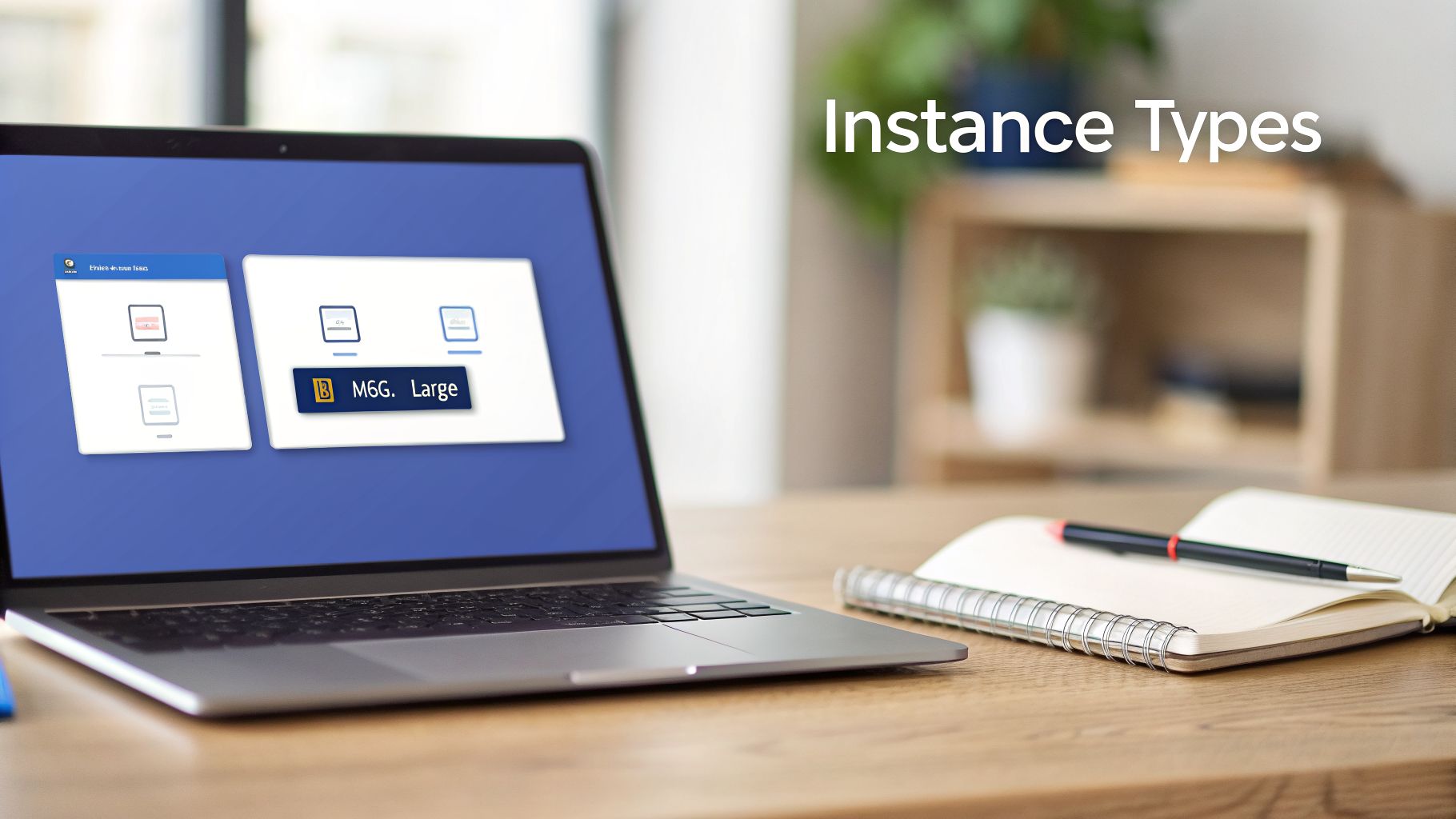 A laptop on a wooden desk displaying a screen with cloud instance type options and 'M6G. Large' highlighted.