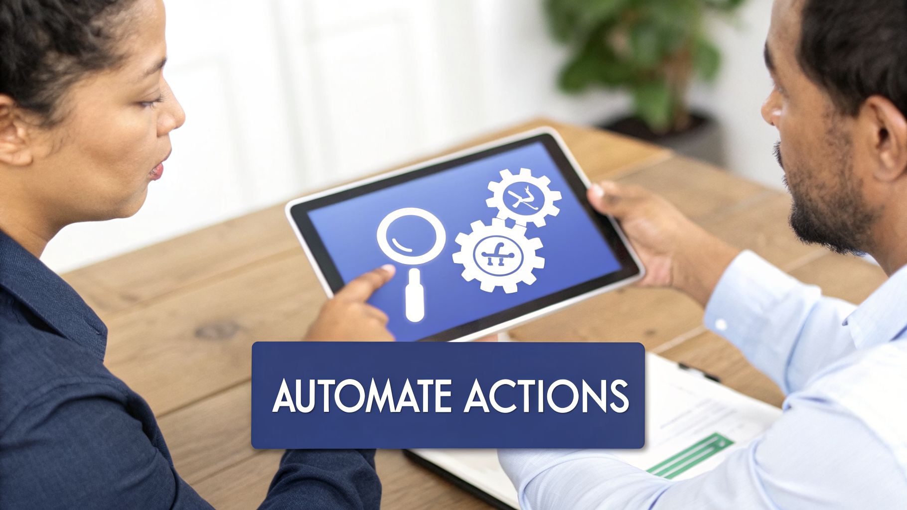 Two professionals analyze automation actions on a tablet, featuring search and gear icons.