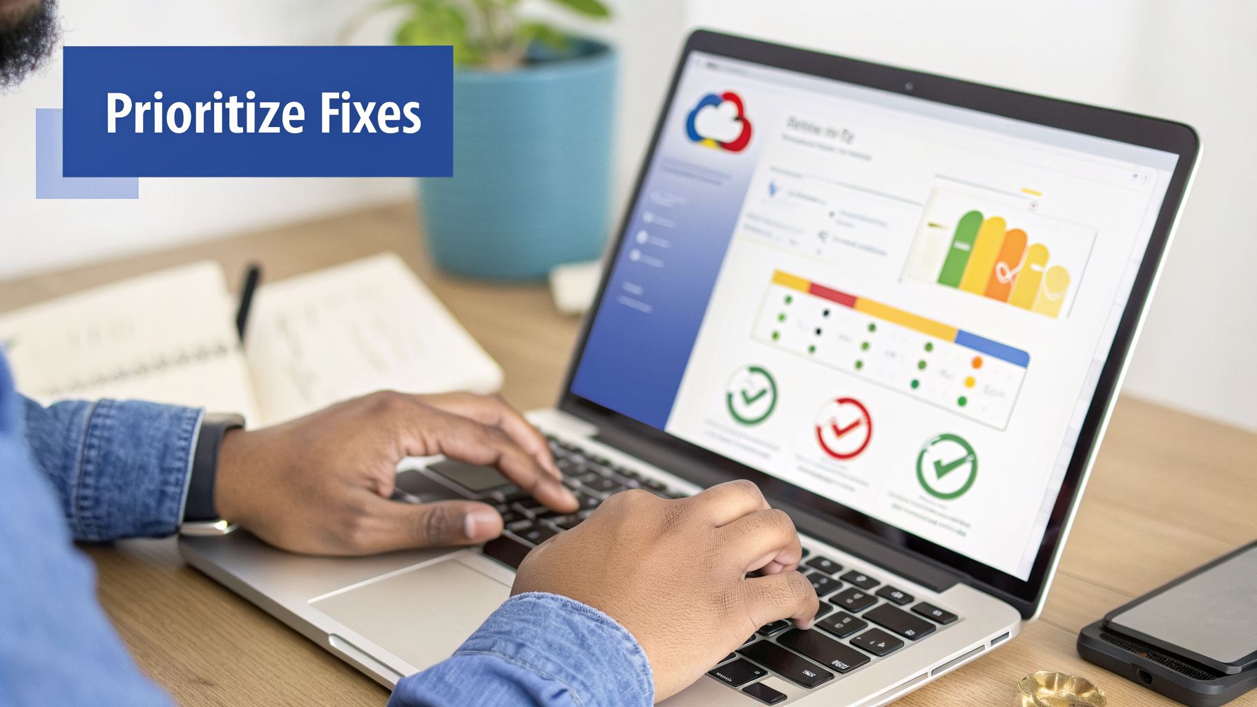 Hands typing on a laptop with a screen showing a dashboard and a 'Prioritize Fixes' banner.