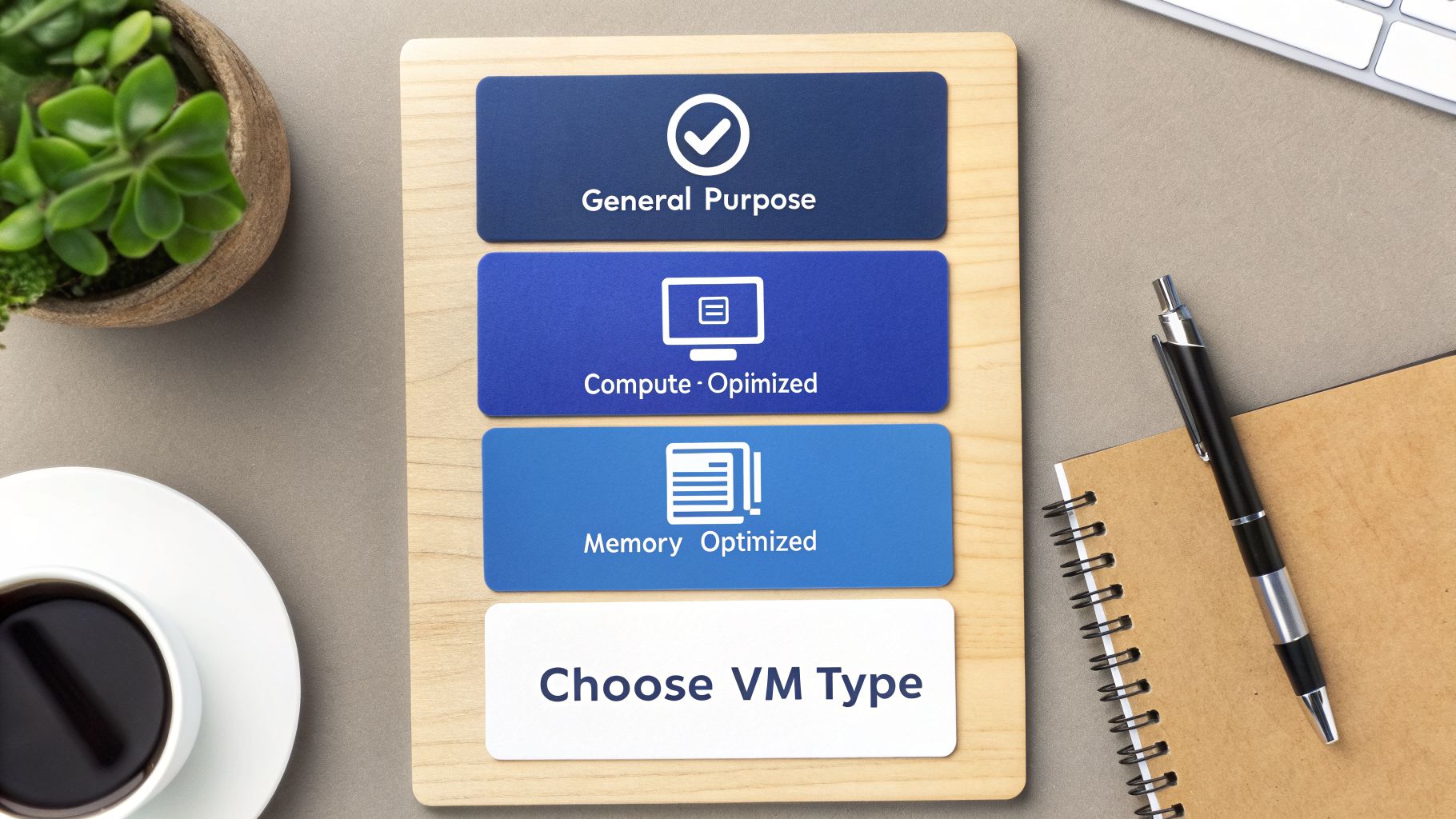 A desk flatlay showing cards for General Purpose, Compute, and Memory Optimized VM types.