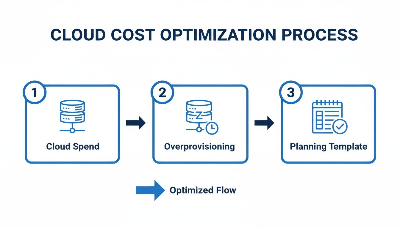 Flowchart illustrating the cloud cost optimization process with three steps: cloud spend, overprovisioning, and planning template.