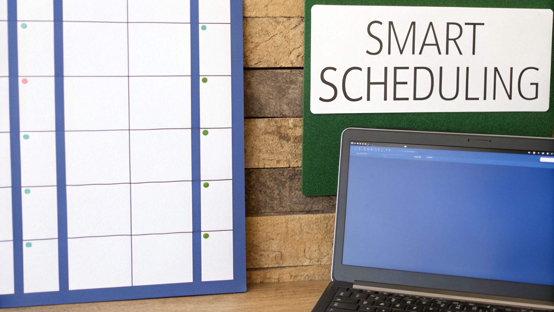 A calendar planner, a 'Smart Scheduling' sign, and a laptop, symbolizing efficient planning.