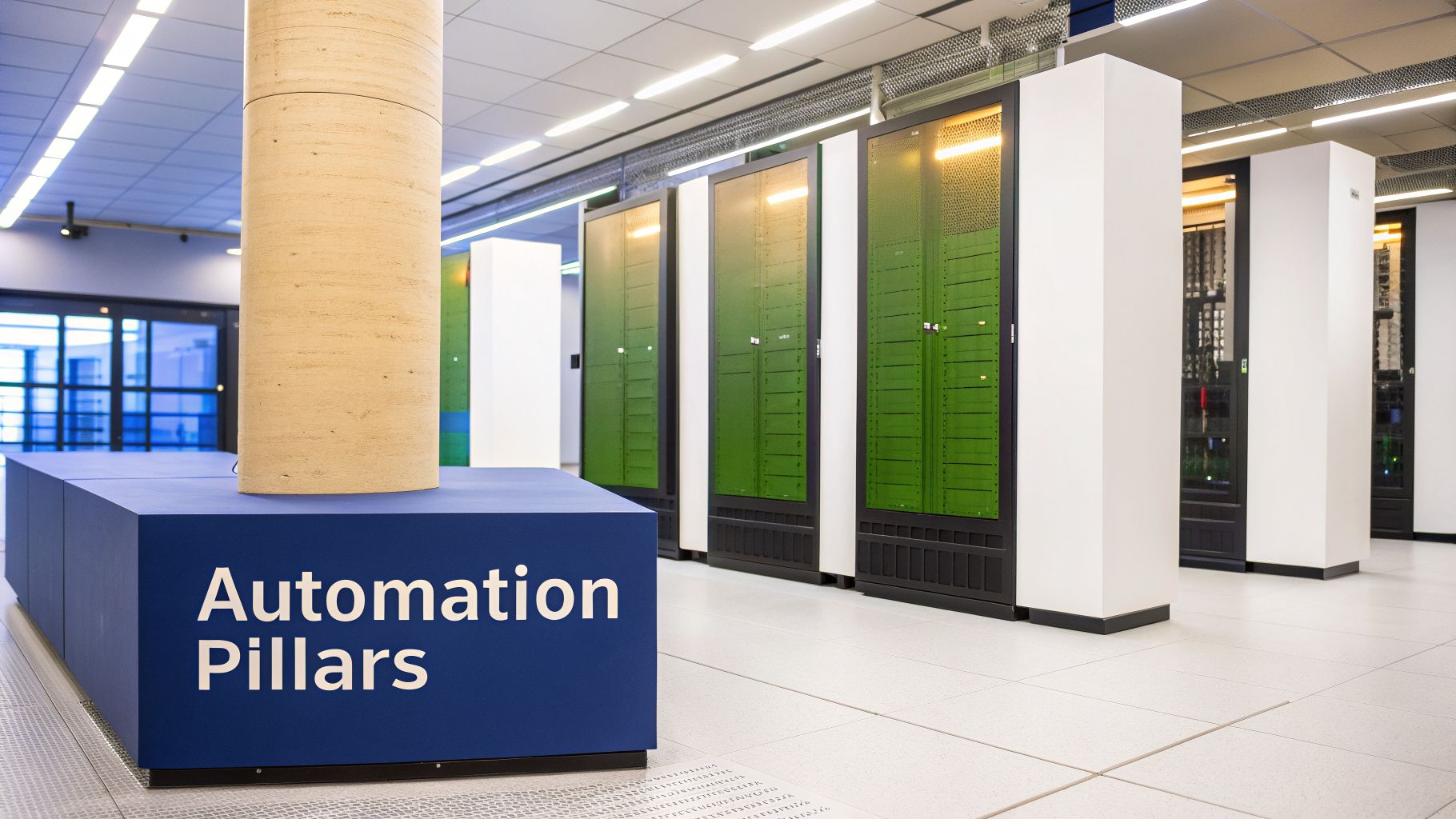 A modern data center featuring rows of server racks with green panels and a blue 'Automation Pillars' display.