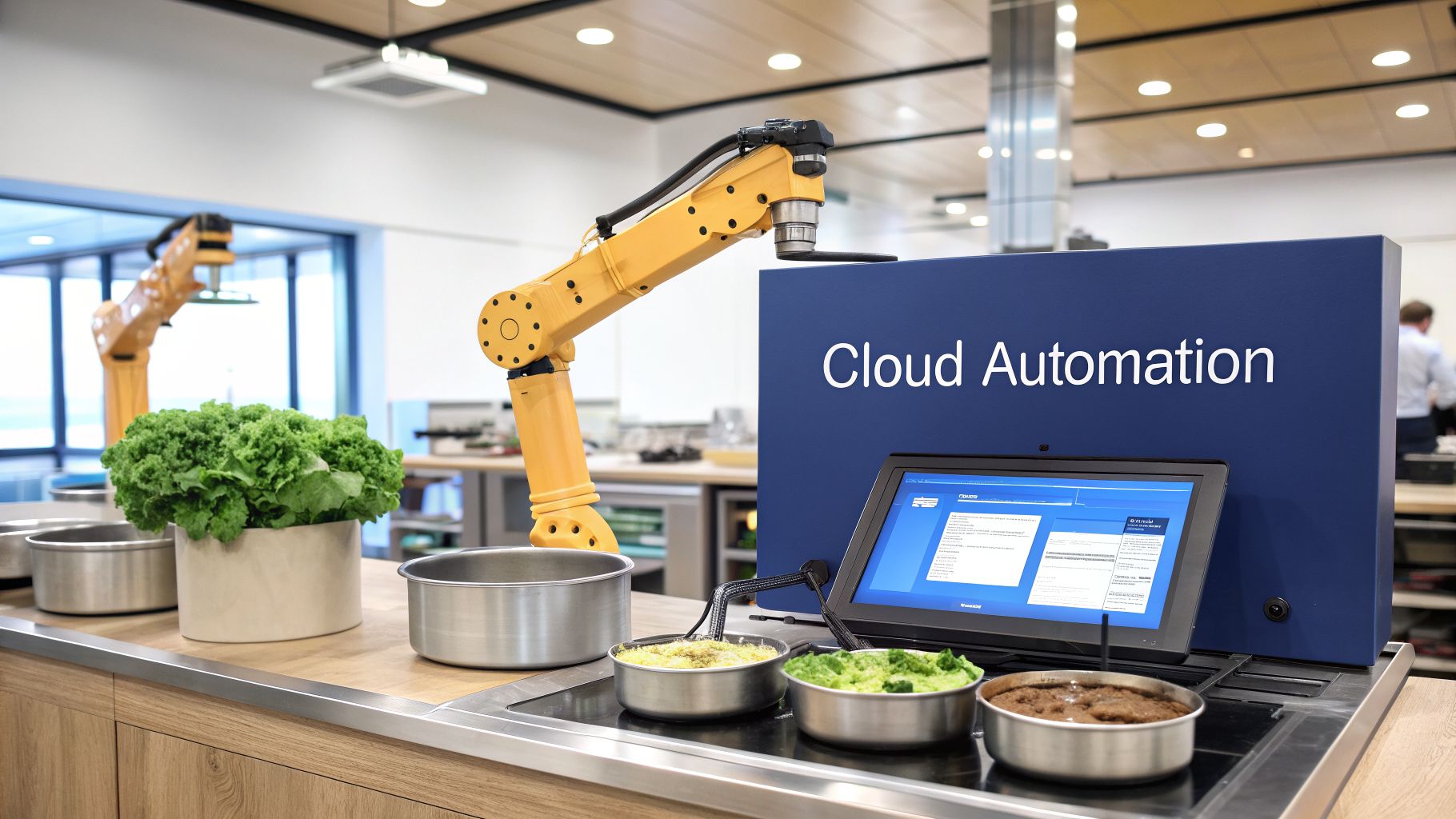 Yellow robotic arm preparing food on a counter with "Cloud Automation" sign and screen.