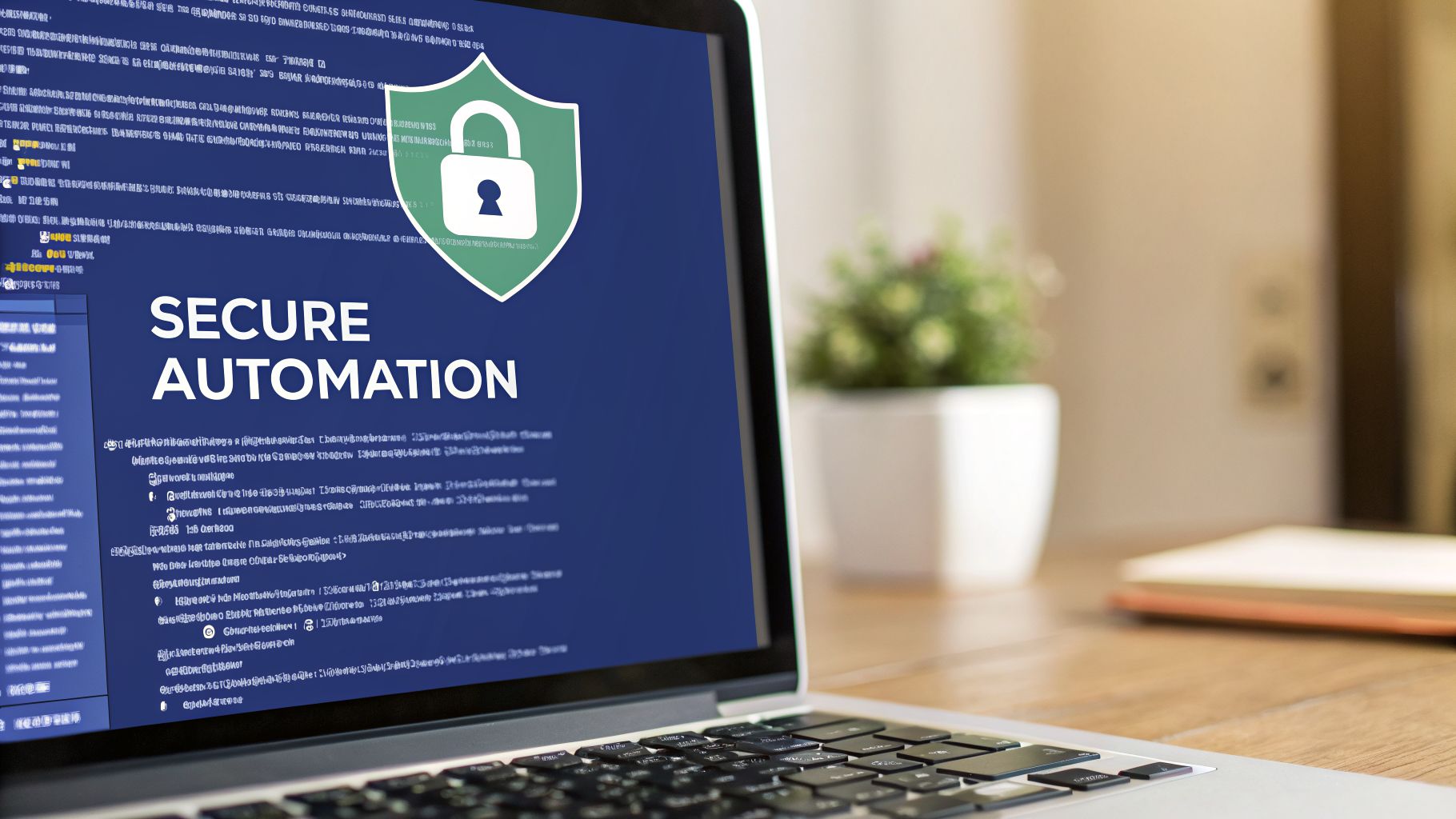 Laptop screen displaying 'SECURE AUTOMATION' text with a shield and padlock security icon.