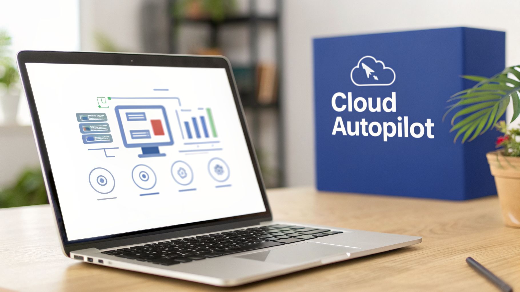 Laptop showing a cloud automation dashboard, with a 'Cloud Autopilot' sign on a blue box.