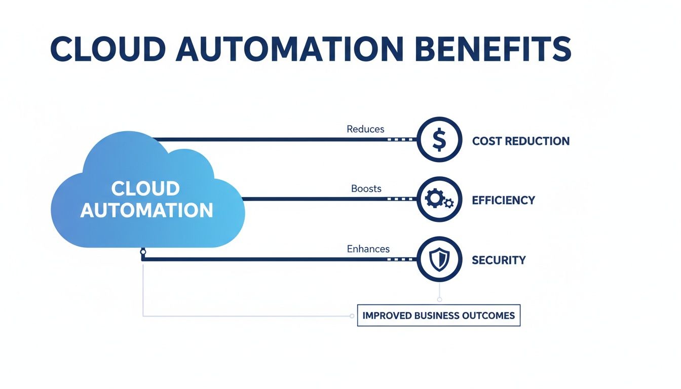 A visual representation of cloud automation benefits, showing cost reduction, efficiency, security, and improved business outcomes.