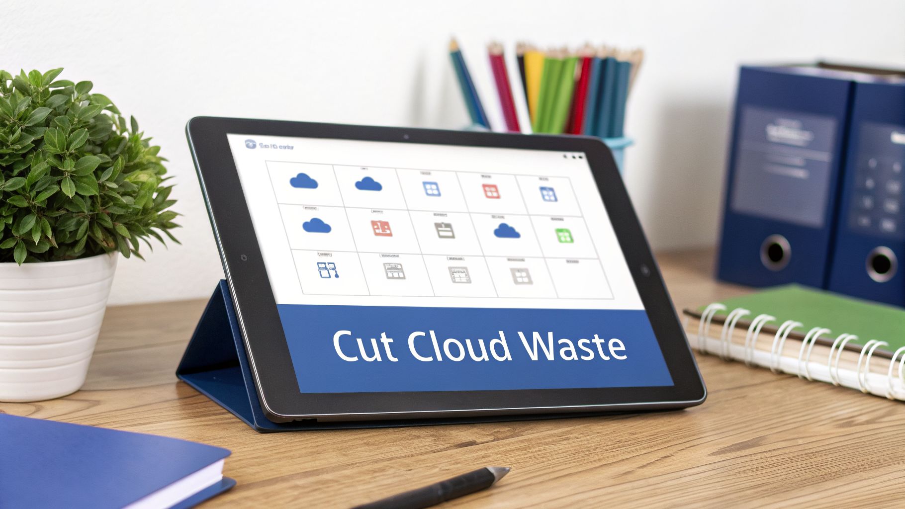 A tablet on a desk displays "Cut Cloud Waste" with cloud computing icons, next to office supplies.