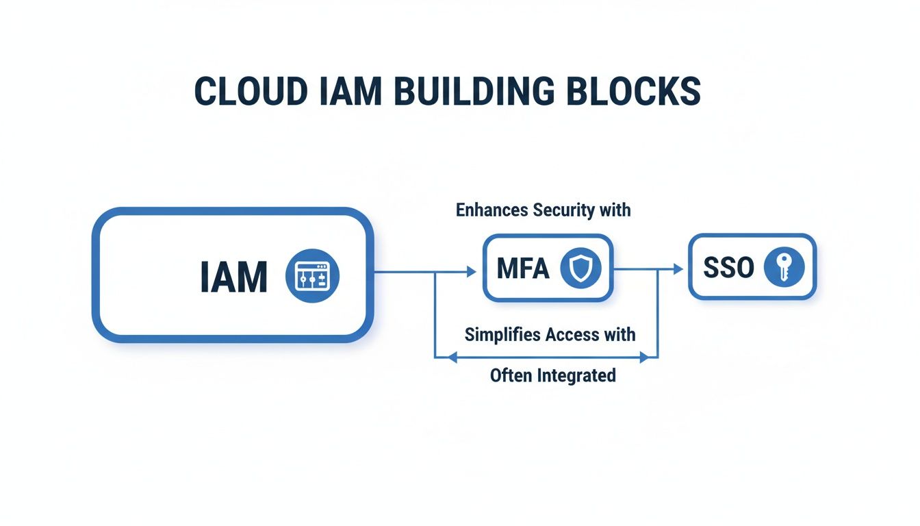 Diagram illustrating Cloud IAM building blocks: IAM, MFA, and SSO, emphasizing their integration for security and access.