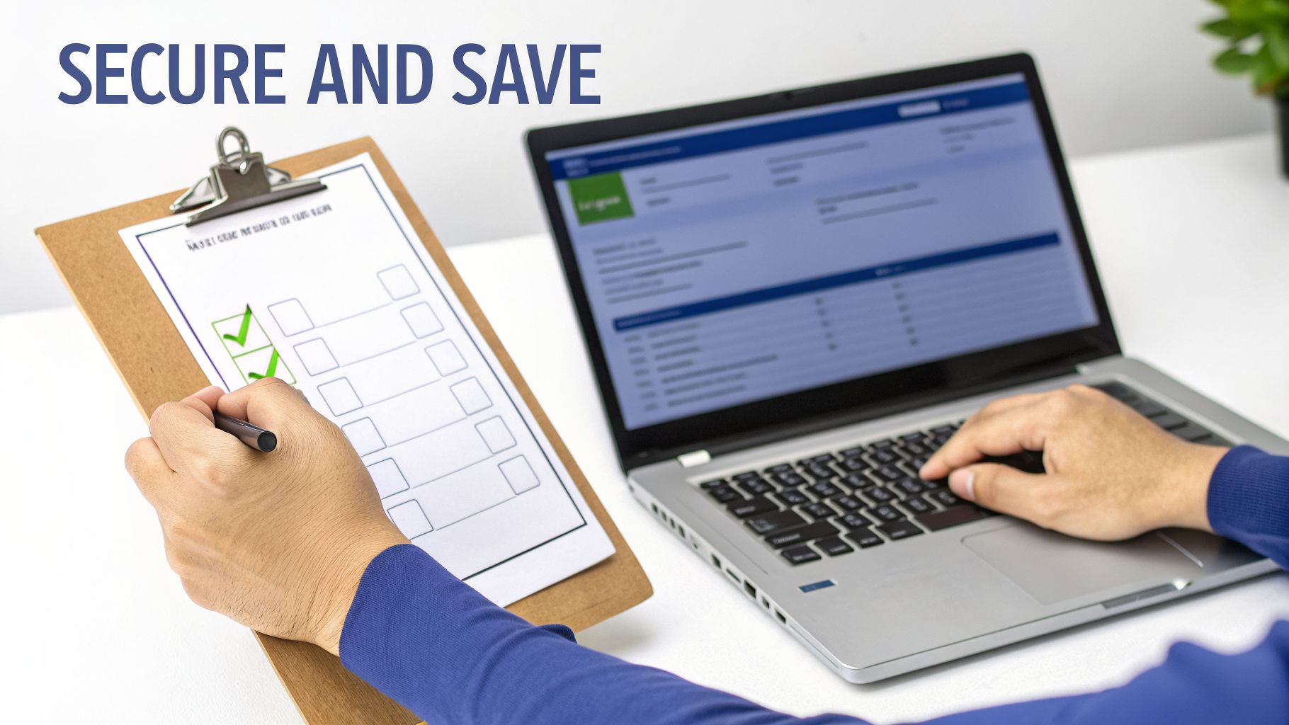 A person checks off items on a clipboard while typing on a laptop, embodying 'Secure and Save'.