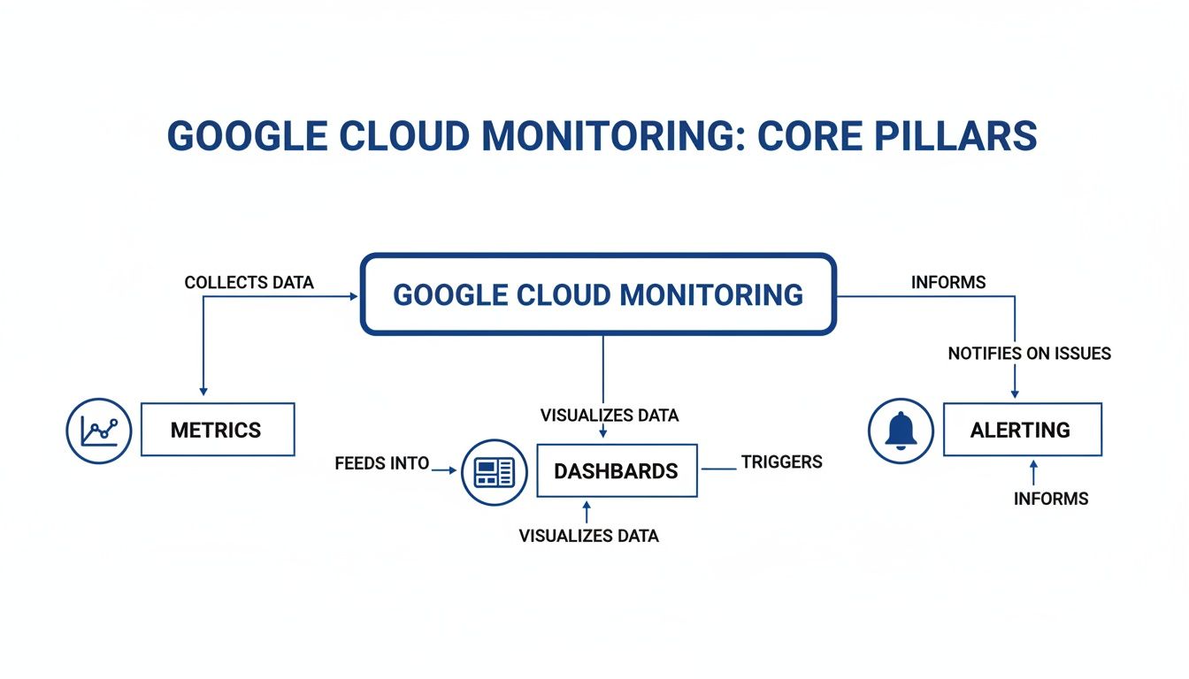 A diagram illustrating the core pillars of Google Cloud Monitoring, showing data flow from metrics to dashboards and alerting.