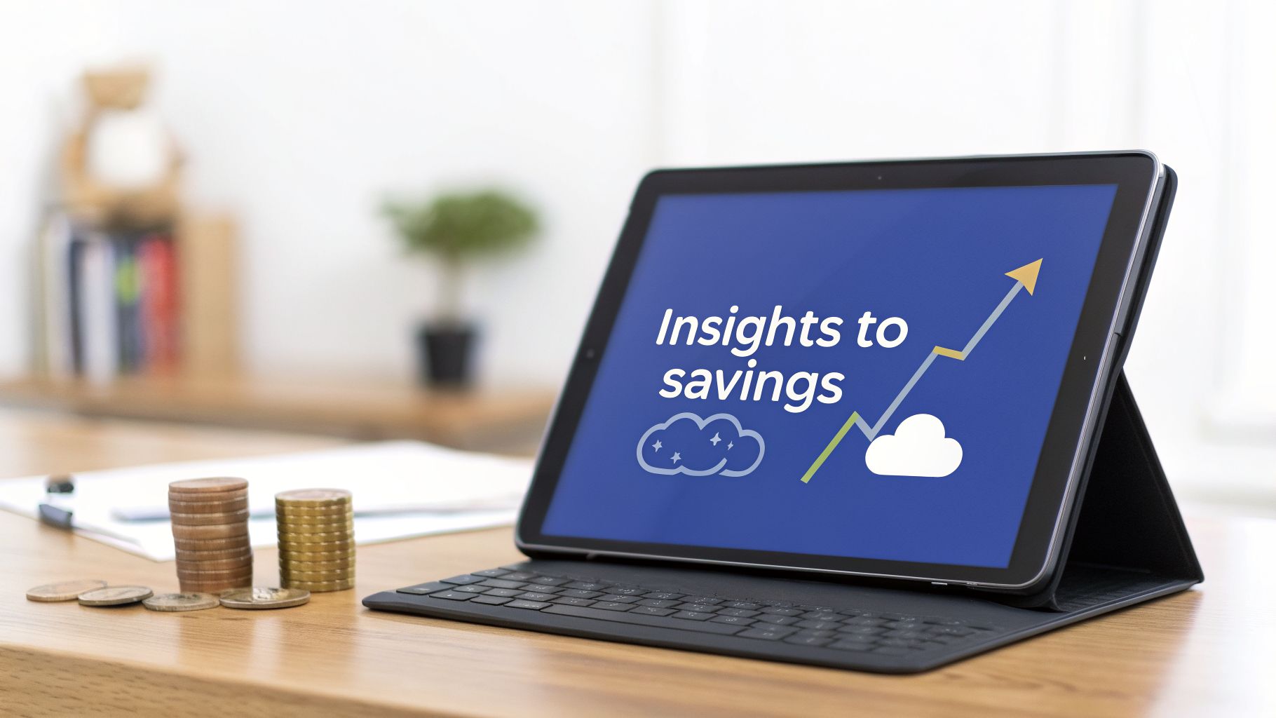 A tablet displaying "Insights to savings" with a rising graph and clouds, next to stacks of coins on a wooden desk.