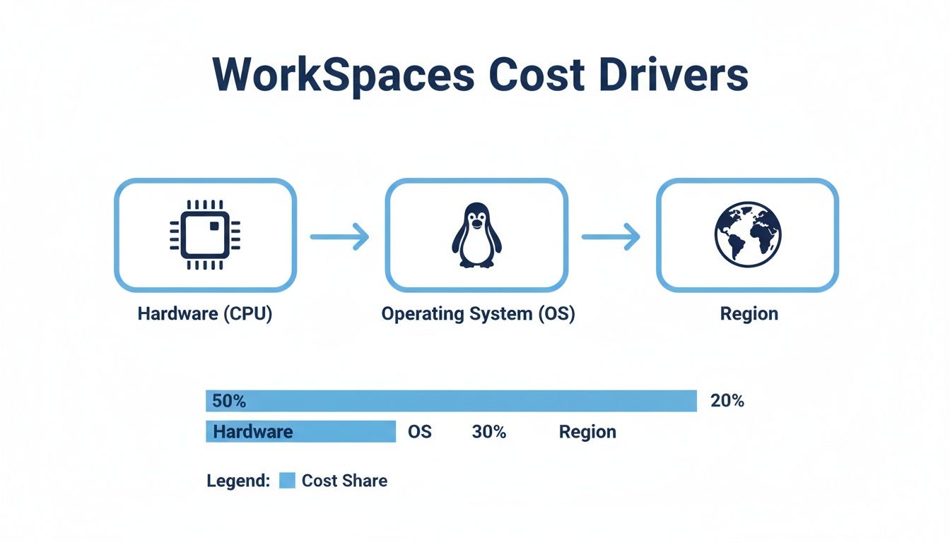 Diagram illustrating WorkSpaces cost drivers showing Hardware (50%), OS (30%), and Region (20%) cost breakdown.