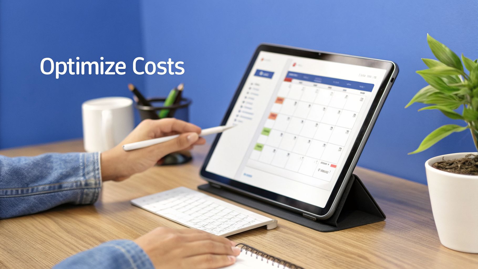 A person optimizes costs using a tablet with a calendar app and a stylus on a wooden desk.