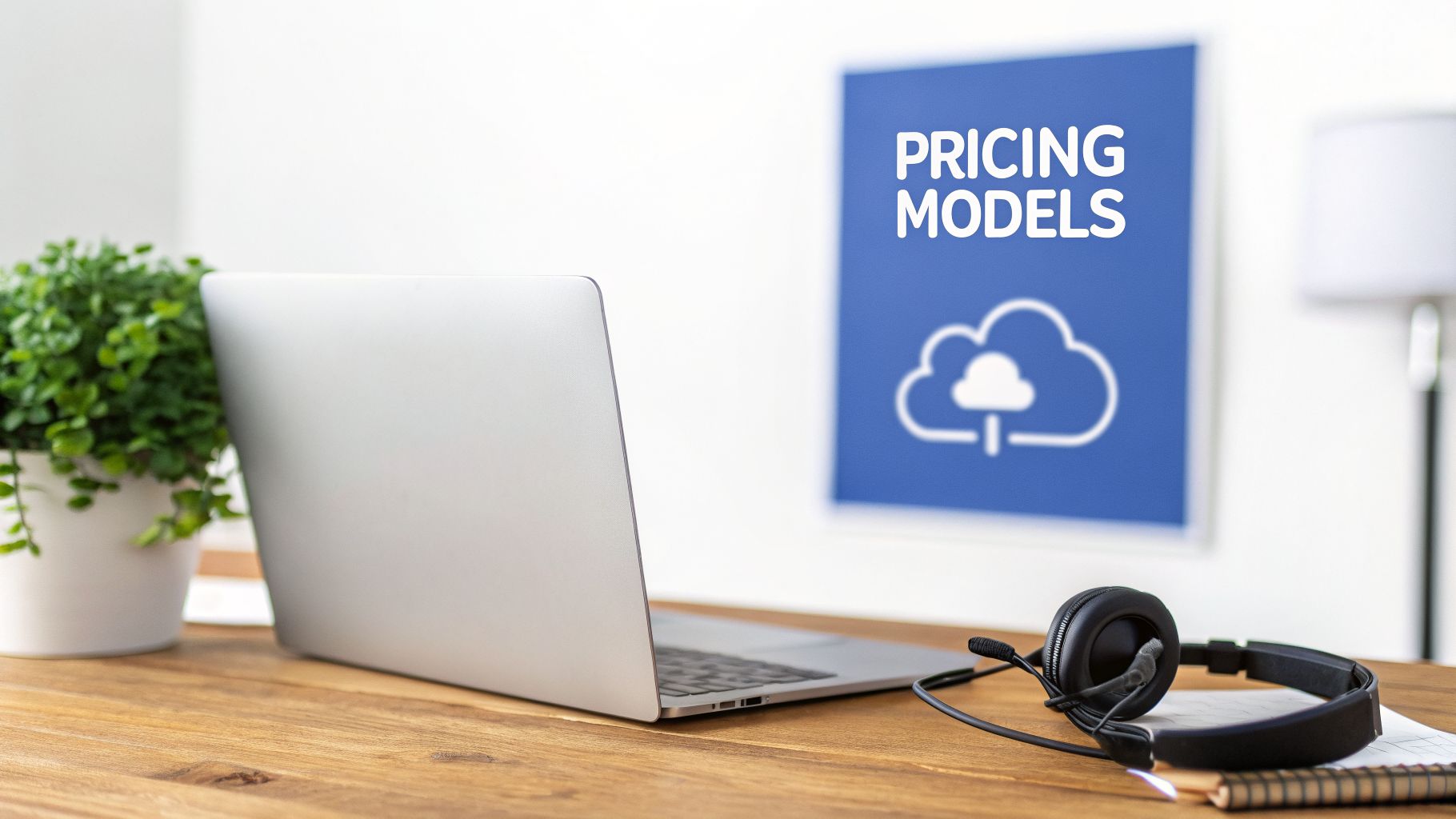 A laptop, headphones, and a plant on a desk, with a 'Pricing Models' poster and cloud icon in the background.