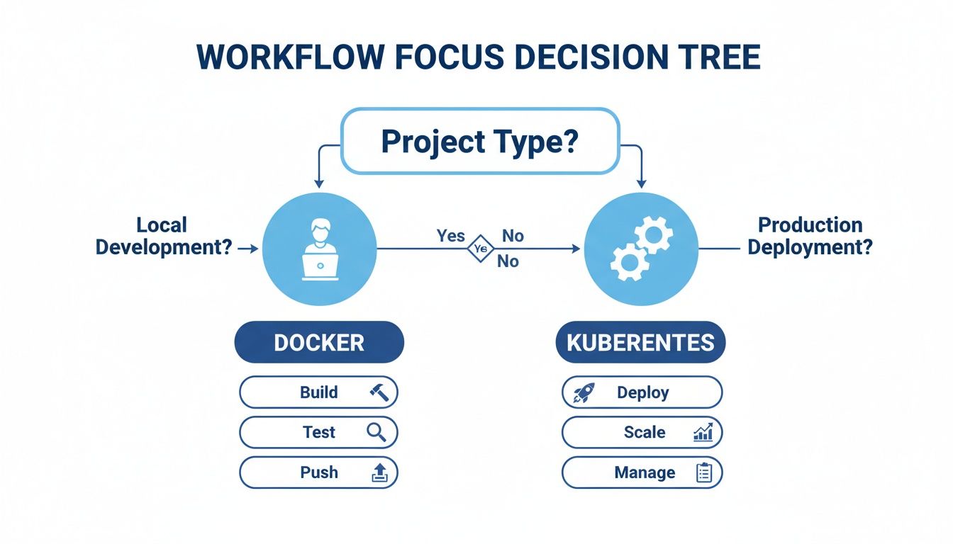 A workflow decision tree illustrating when to use Docker for local development and Kubernetes for production.