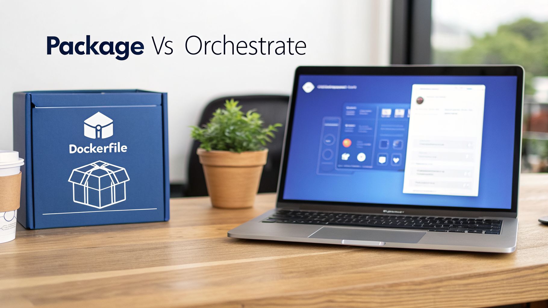 A desk with a 'Dockerfile' box, a potted plant, and a laptop showing software. Text reads 'Package Vs Orchestrate'.