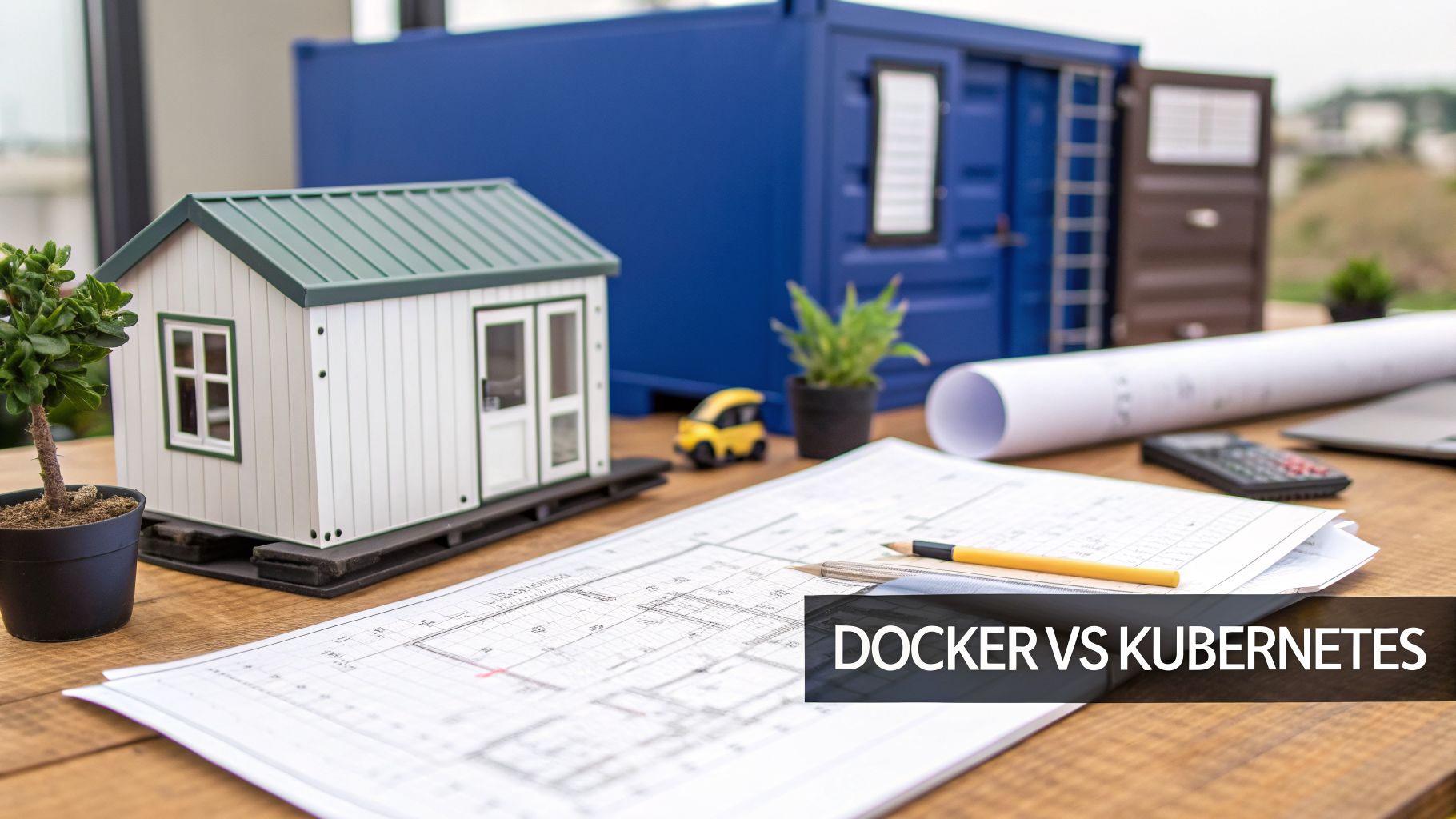Miniature house, shipping container, blueprints, and calculator representing Docker vs Kubernetes.