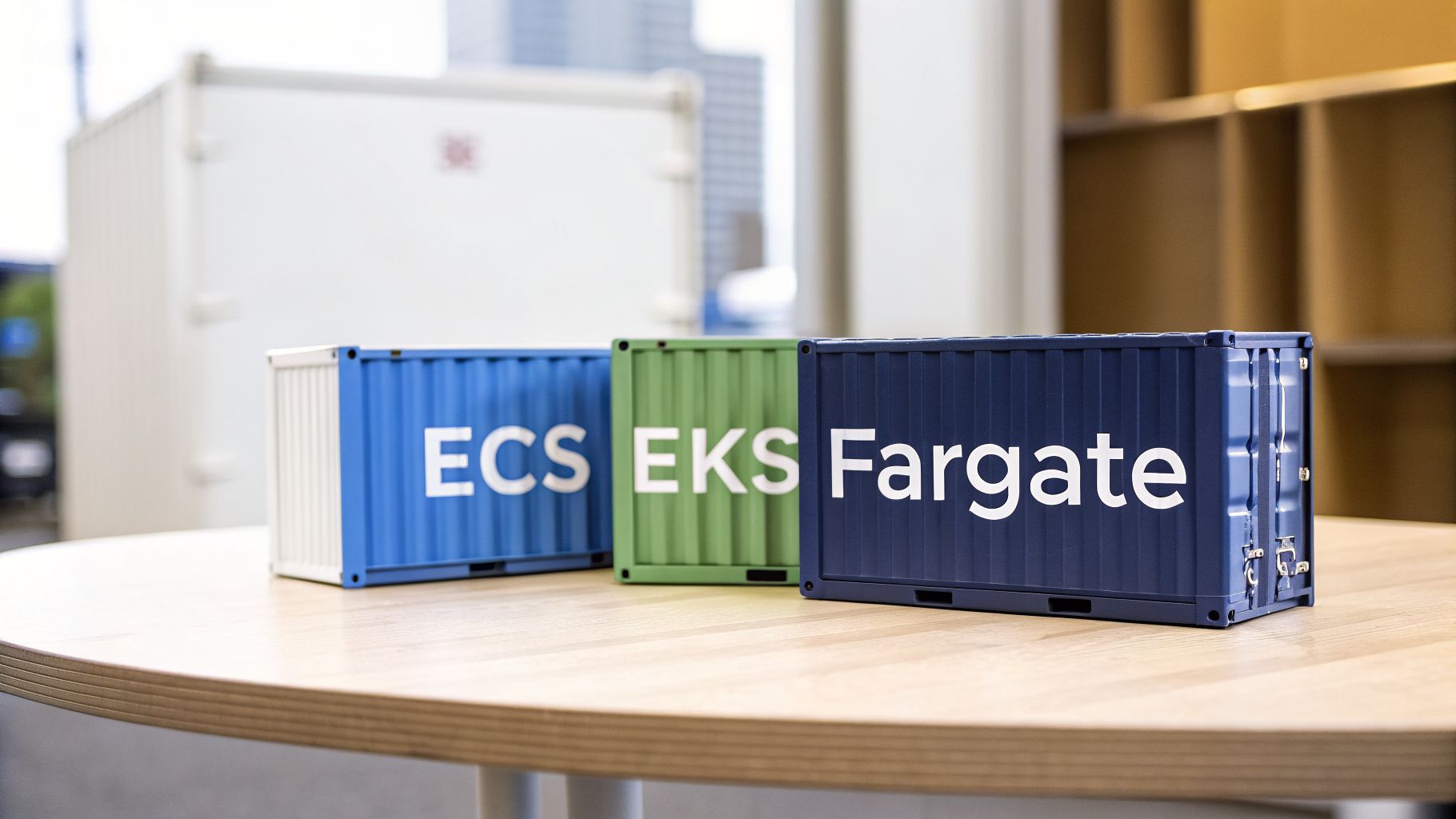 Three miniature shipping containers labeled ECS, EKS, and Fargate are displayed on a wooden table.