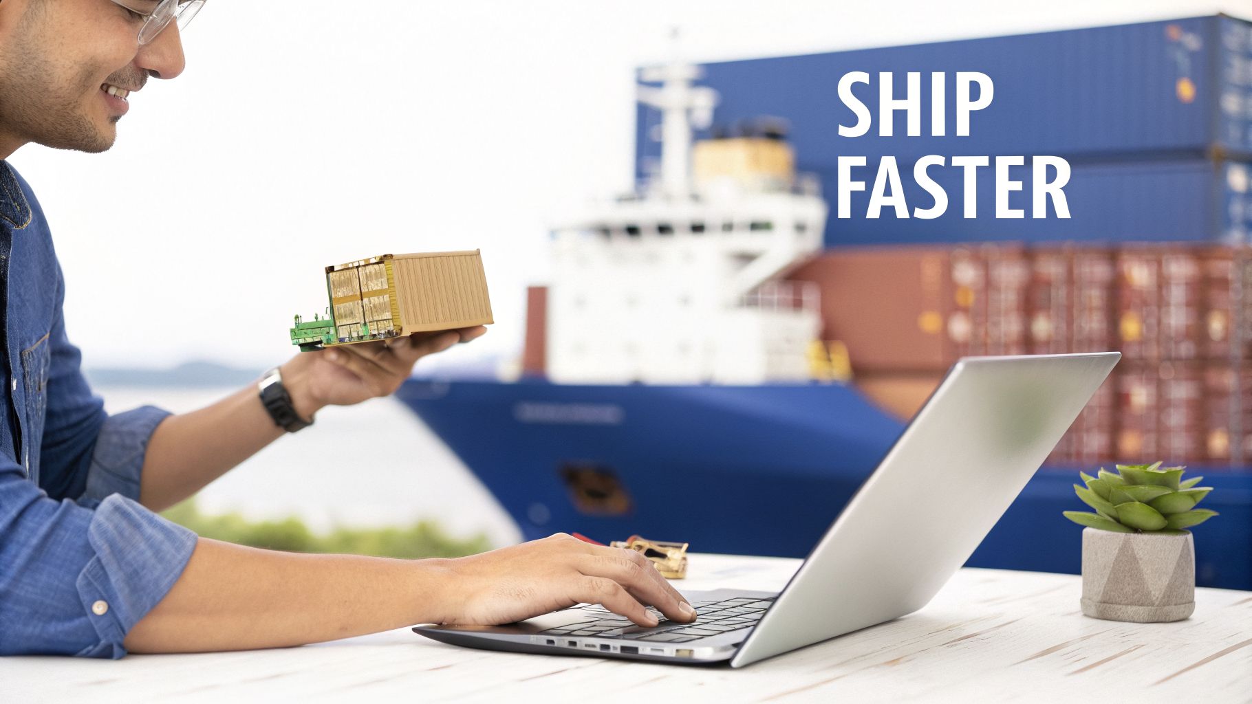 A man smiling and working on a laptop, holding a toy truck with container, symbolizing efficient shipping.