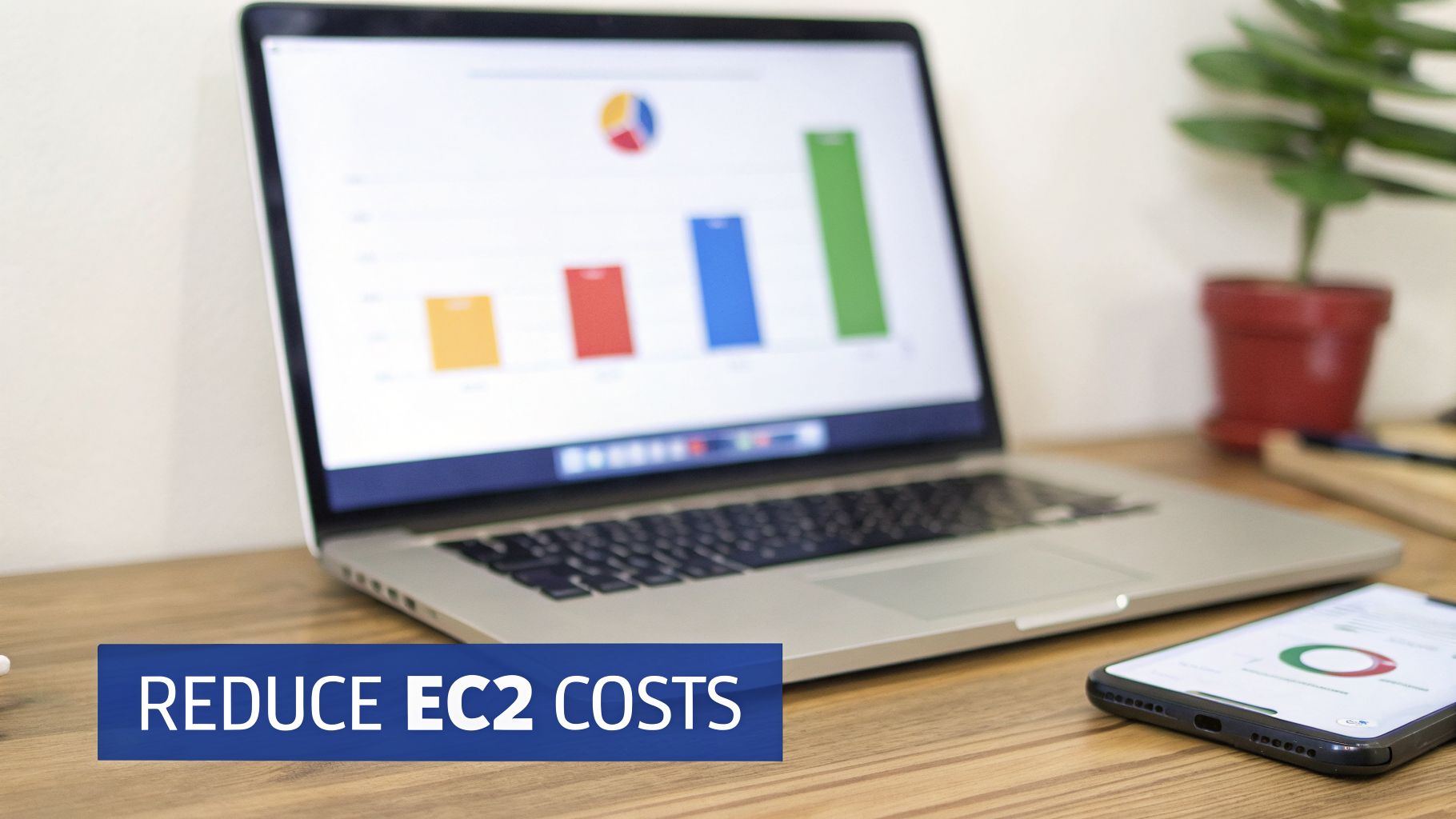 Laptop displaying financial charts for cost reduction, with a phone showing data, and a 'REDUCE EC2 COSTS' banner.