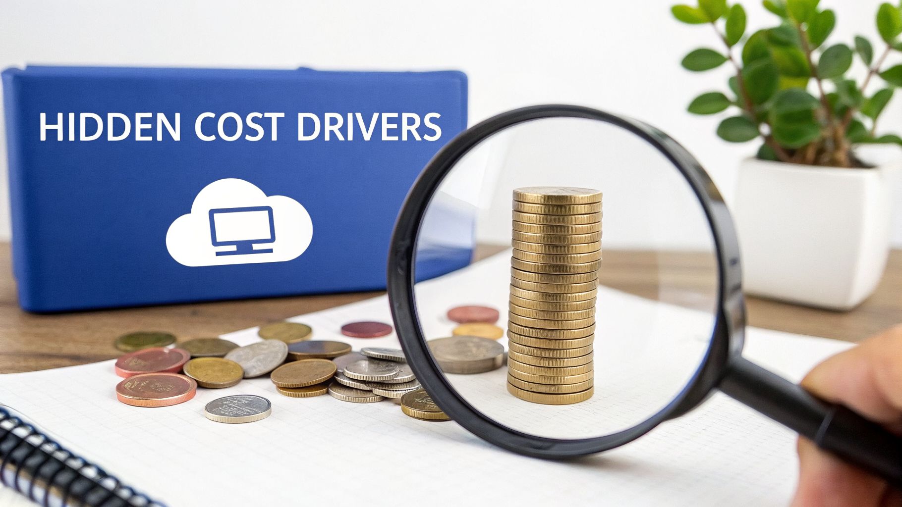 Magnifying glass over stacked coins, near a box reading 'HIDDEN COST DRIVERS' with a cloud computer icon.