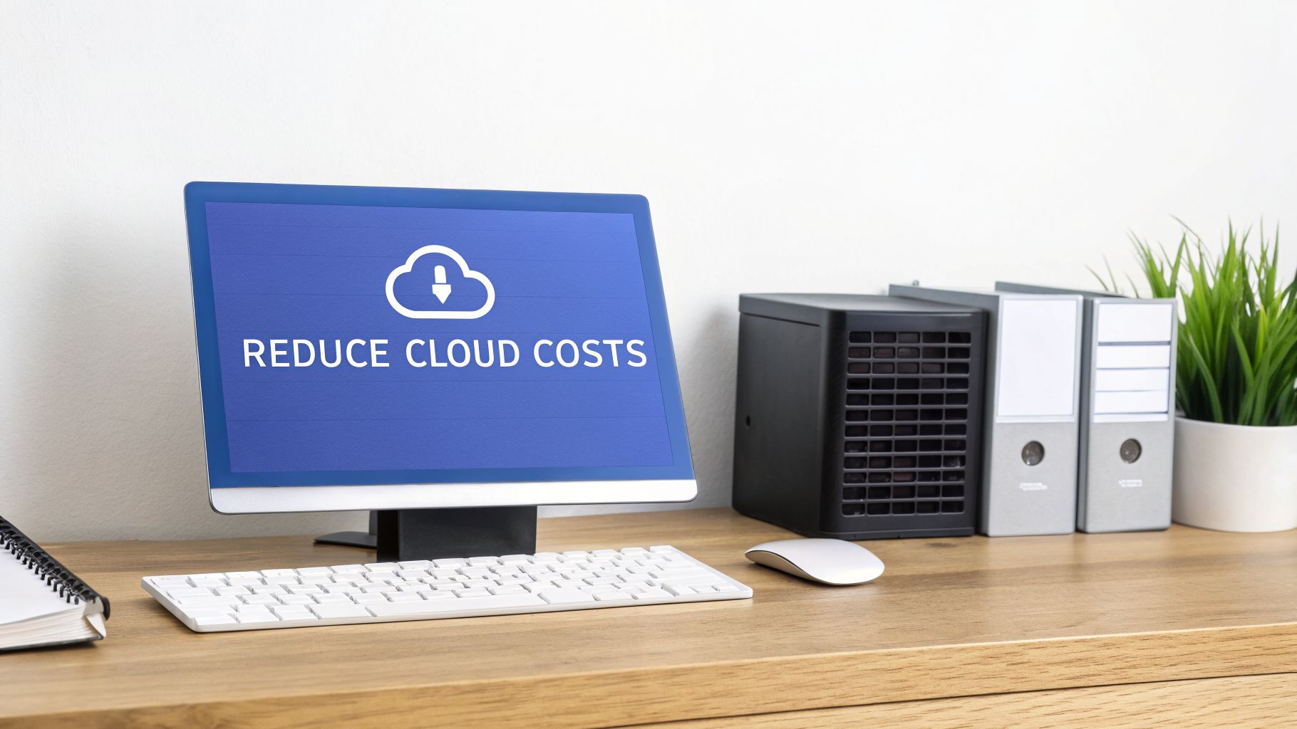A desktop setup with a monitor displaying 'REDUCE CLOUD COSTS' and a cloud icon, symbolizing cost optimization.