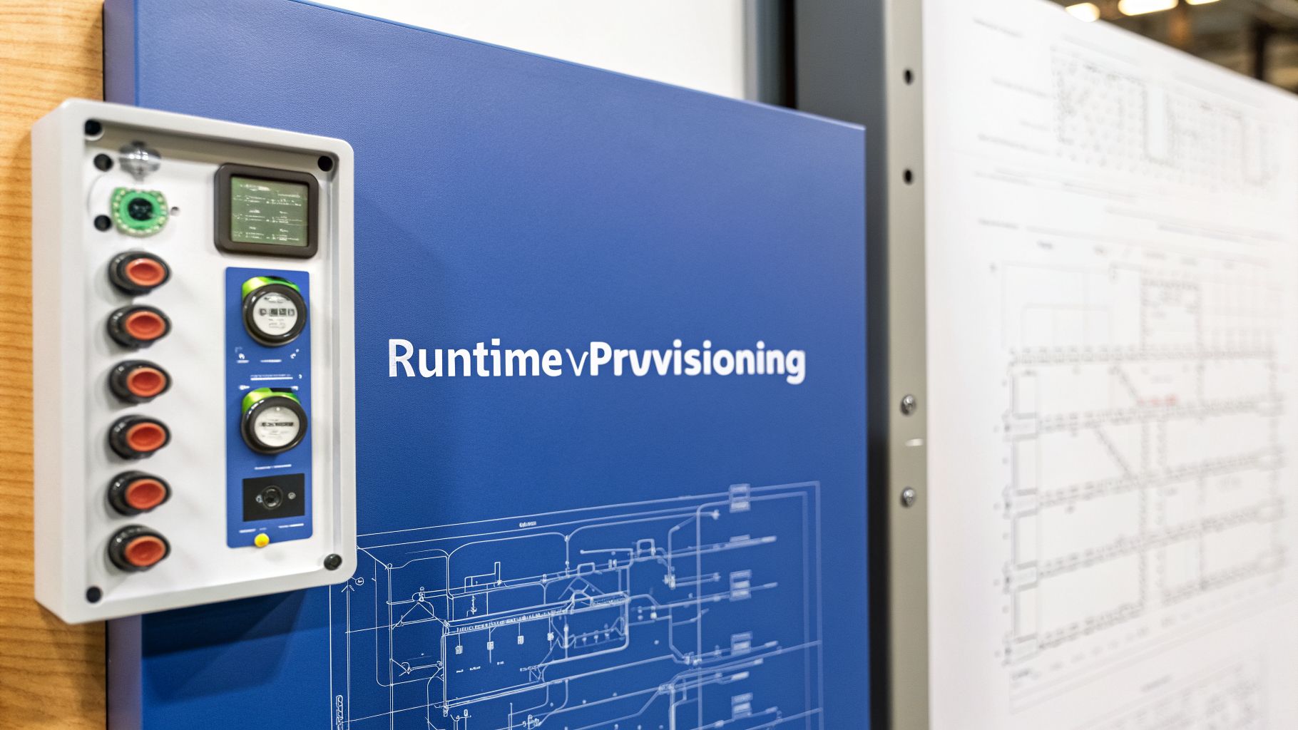 A control panel with buttons and screens attached to a blue board displaying 'Runtime vProvisioning' and a technical blueprint.